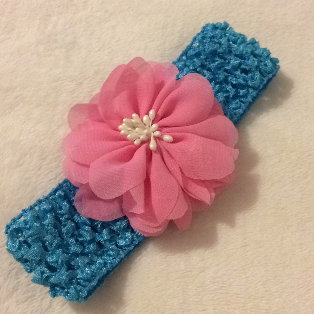 Blue crochet band with pink flower detail