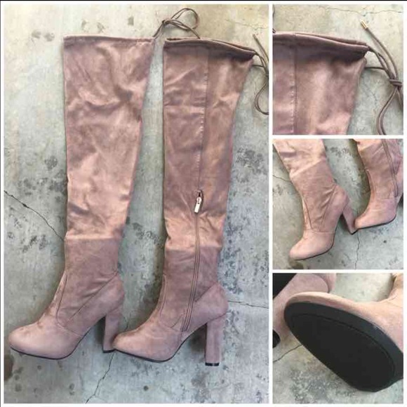 Light Taupe OTK fitted drawstring boots - Picture 2 of 4