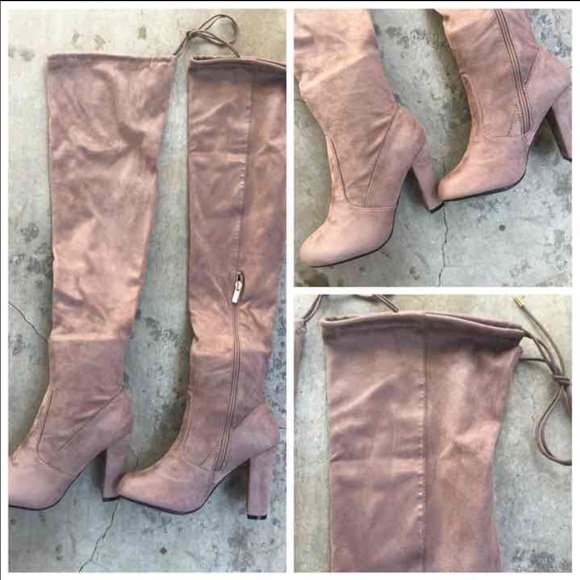 Light Taupe OTK fitted drawstring boots - Picture 3 of 4