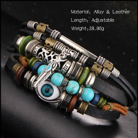 Evil Eye & Leather Beaded Vintage Boho Bracelet - Picture 2 of 5