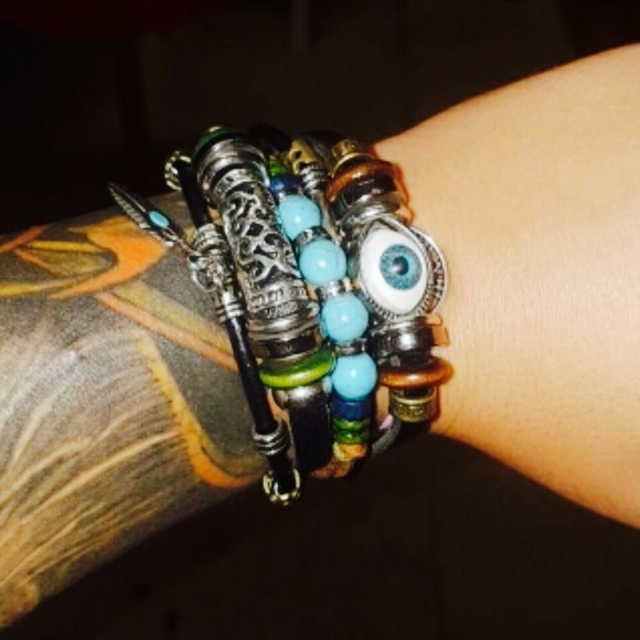 Evil Eye & Leather Beaded Vintage Boho Bracelet - Picture 3 of 5