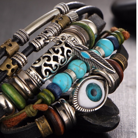 Evil Eye & Leather Beaded Vintage Boho Bracelet - Picture 4 of 5