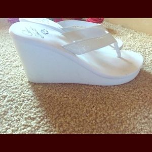Wedge white flip flops bride