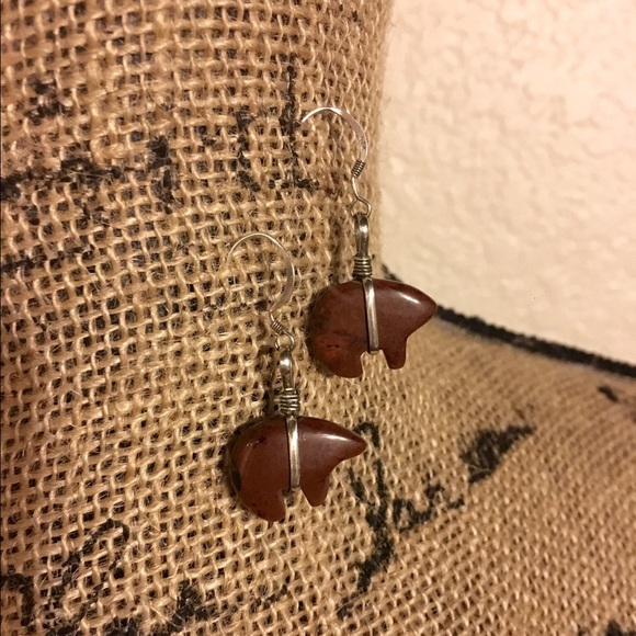 Earrings, Sterling silver & brown stone bears.