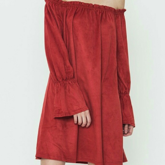 RUST OFF THE SHOULDER LONG SLEEVE SUEDE DRESS - Picture 2 of 4