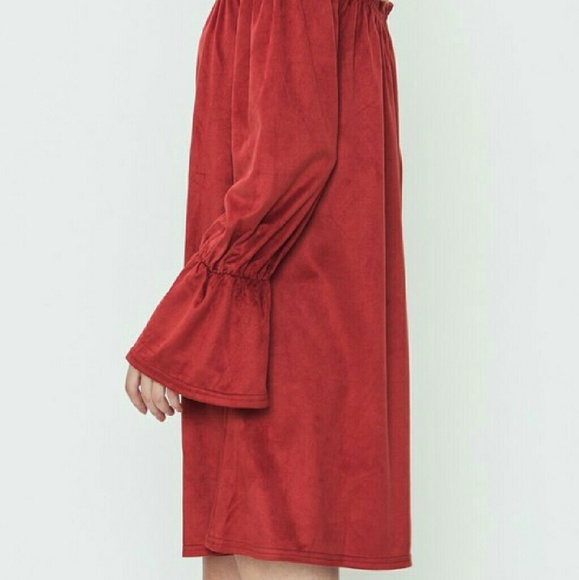 RUST OFF THE SHOULDER LONG SLEEVE SUEDE DRESS - Picture 3 of 4