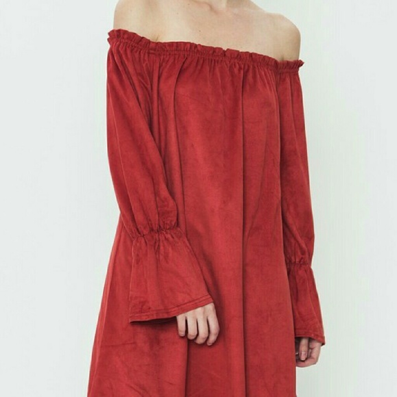 RUST OFF THE SHOULDER LONG SLEEVE SUEDE DRESS - Picture 4 of 4