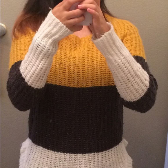 High-low brown, gray, and white sweater