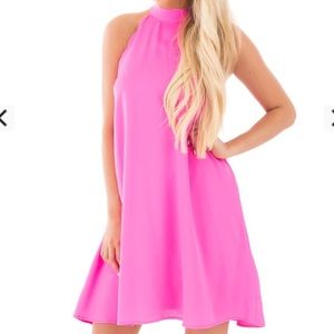 FUCHSIA SCALLOPED TIE BACK HALTER DRESS