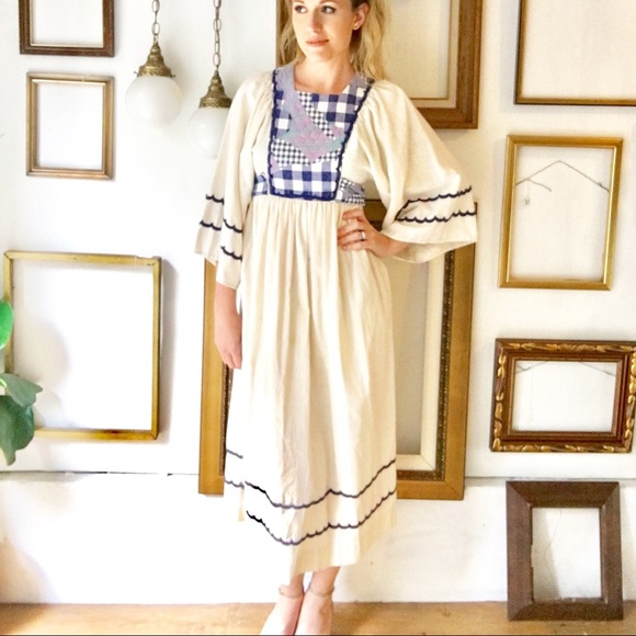 Vintage 70s Hippie Cotton Dress Gingham Appliqué