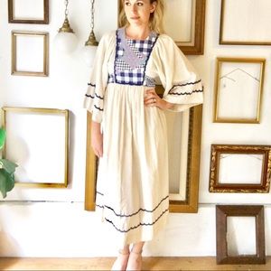 Vintage 70s Hippie Cotton Dress Gingham Appliqué