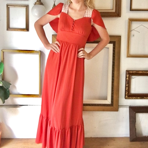 Vintage Red Orange Maxi Dress with Capelet