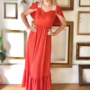 Vintage Red Orange Maxi Dress with Capelet