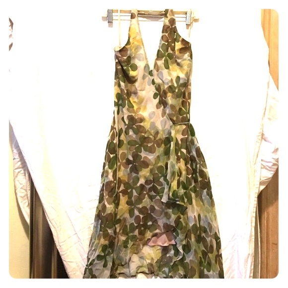 Chiffon silk green/gold floral wrap halter dress