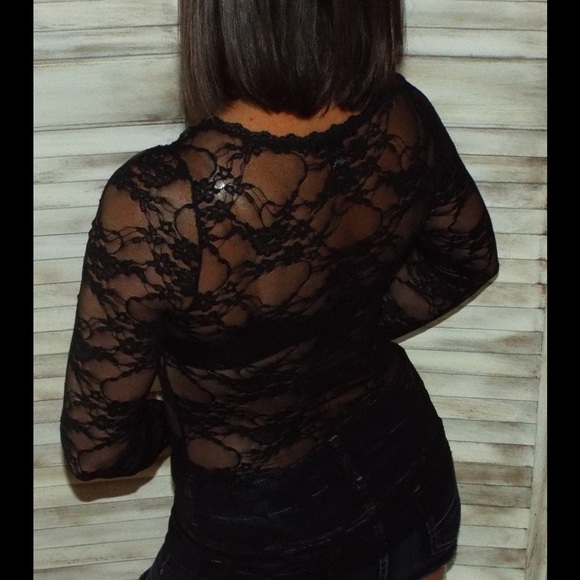 Sheer Lace Floral Top Black 140 - Picture 2 of 2