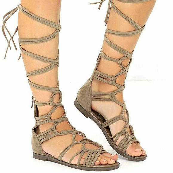 NWOT Taupe Tall Suede Lace Up Gladiator Sandals
