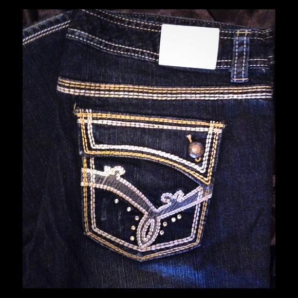 Ladies Dark Wash Boot Cut Jeans with Bling Pockets