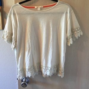 Cream top with crochet on sleeves and bottom.