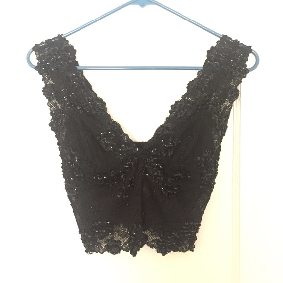 Bebe bedazzled black lace crop top