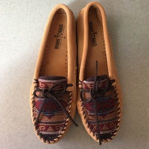 New, never worn tan Minnetonka beaded moccasins
