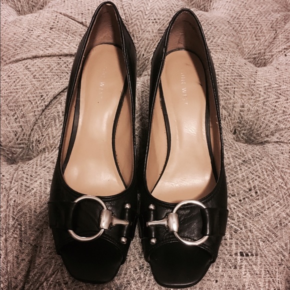 Nine West Black Peep Toe Wedges with Silver Buckle