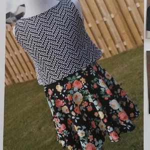 Knit b/w crop top with floral skater skirt
