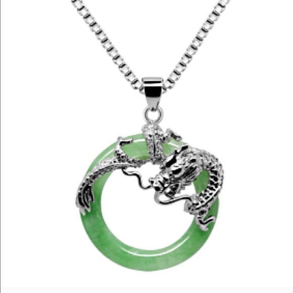 925 Silver Dragon Green Jade Necklace