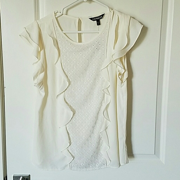 Express lace panel and ruffle accent top