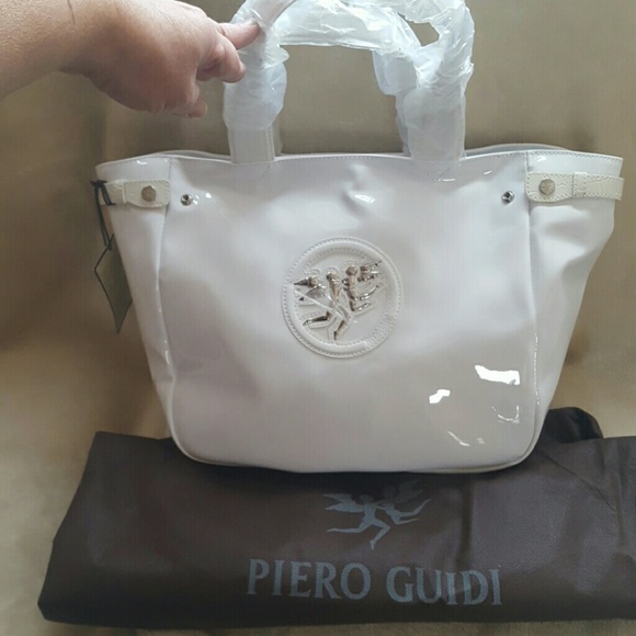 White patent tote bag