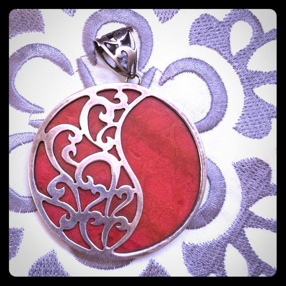 Vintage large coral & Sterling silver pendant