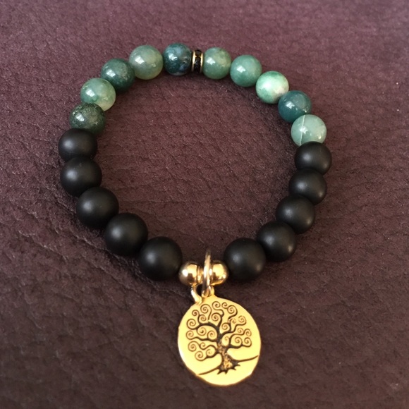 Mala moss agate and onyx stretch bracelet