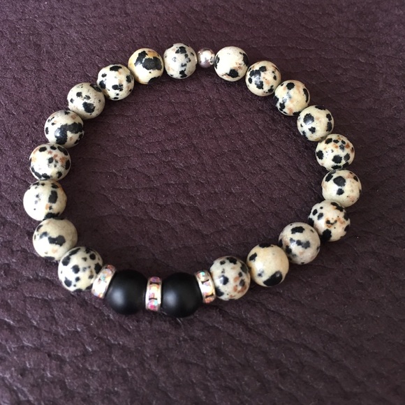 Dalmatian jasper, onyx and Swarovski bracelet