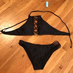 Cupshe Little Black Lace Up Bikini Set