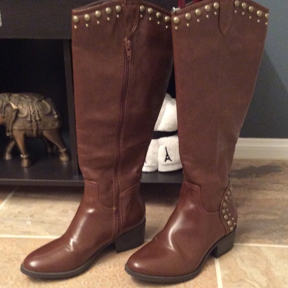 Cognac Studded Knee High winter Boot