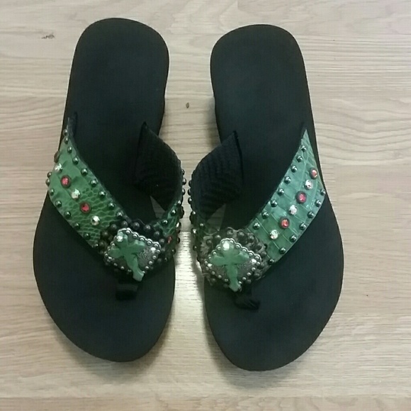 Green Bling Flip Flops