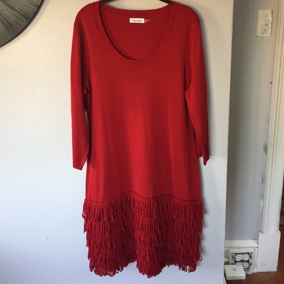 Red Hot Calvin Klein Fringed Sweater Dress