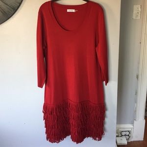 Red Hot Calvin Klein Fringed Sweater Dress
