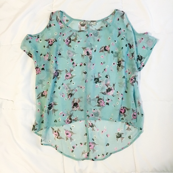 Sheer floral cold shoulder hi-lo top