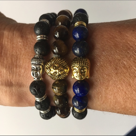 TRIPLE NATURAL STONE BUDDHA LION BANGLES