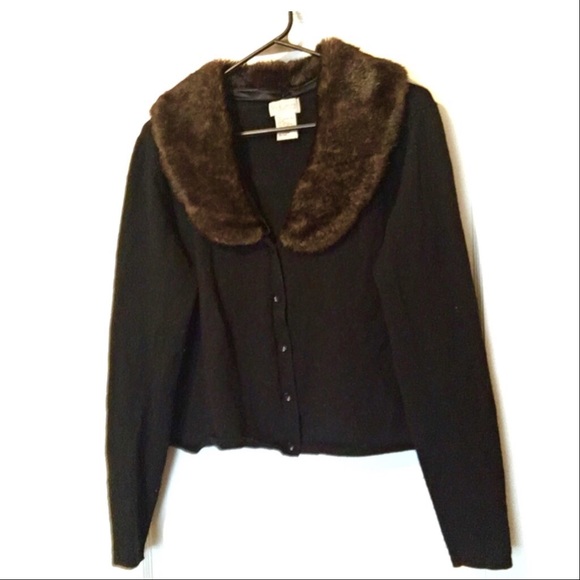Vintage Wool Cardigan with Faux Mink Fur Collar