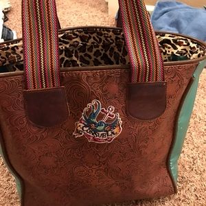 Consuela tooled leather and red/navy stitched tote