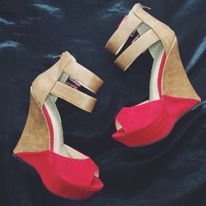 Color block suede/ leather ankle strap wedges