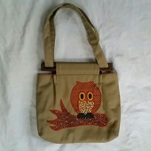 Vintage Owl Cloth Bag Wood Handles