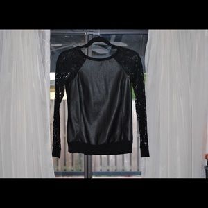 Bailey 44 Faux Leather Top with Lace Sleeves