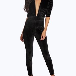 Boohoo black velvet plunge neckline jumpsuit