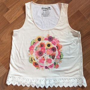 Woodstock- Beige & Floral Tank Top w/ Lace Bottom