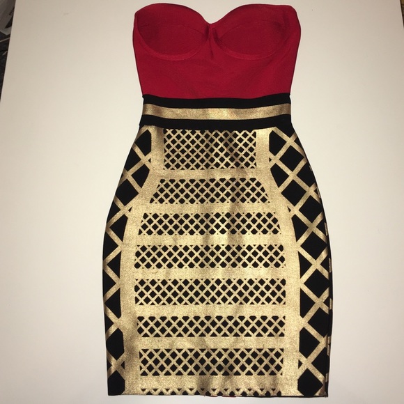 Red, Gold, Black Bustier Bandage Dress