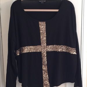 Black shirt with gold sequin cross detail