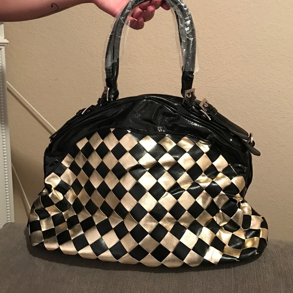 Women's Gold & Black checkered Handbag