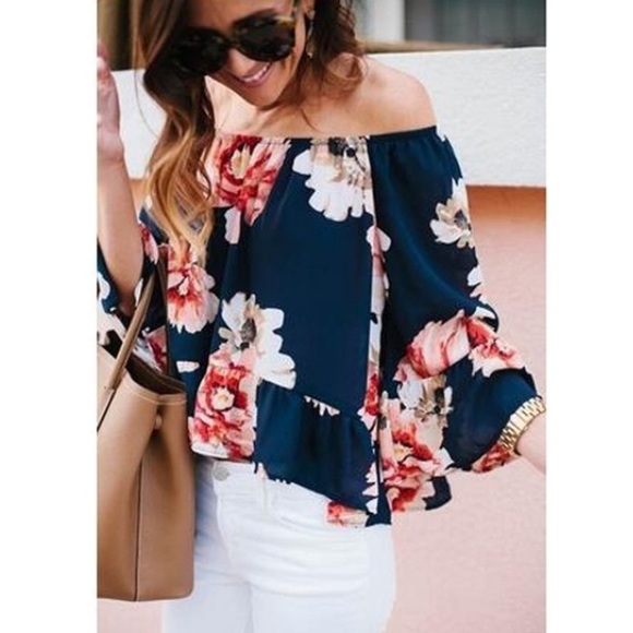 Restocking! Off the Shoulder Floral Shirt - Picture 2 of 4